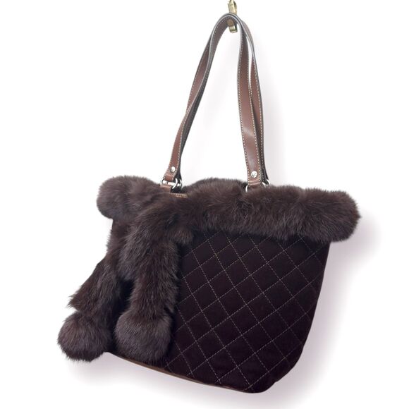Y2k Fur Trim Quilted Brown Bag Purse Custom Cozy Chic Old Money Elegant Winter - Picture 4 of 12